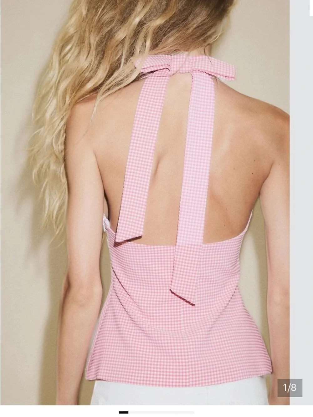 Zara Pink Gingham Halter Bow Knit Top Sz m - Picture 2 of 6